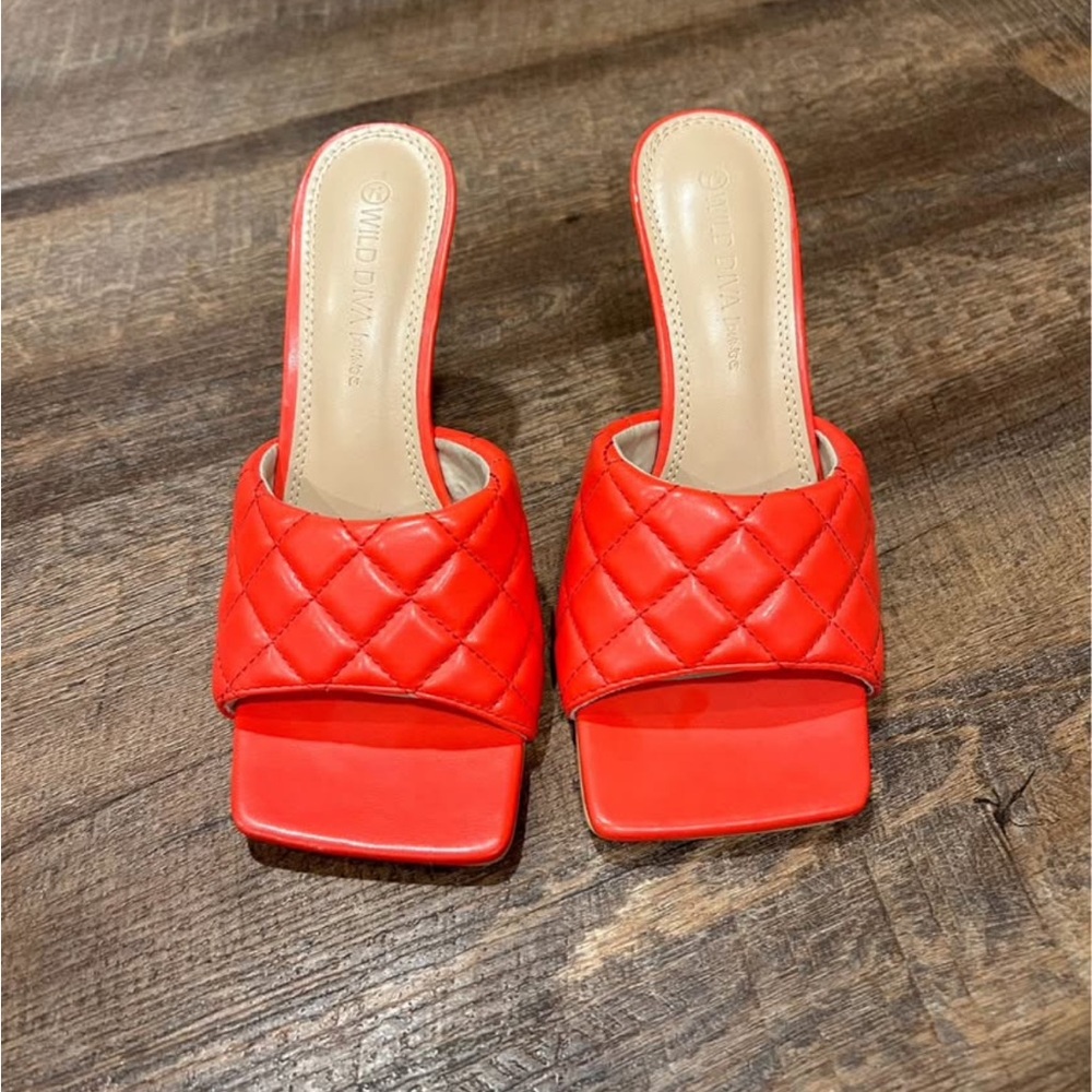 Wild Diva Red Quilted Mules with Square Toe